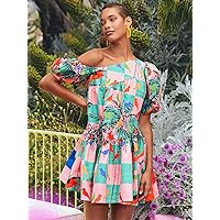 Women's Dress Plaid & Tropical Print Asymmetrical Neck Puff Sleeve Ruffle Hem Smock Dress Dress for Women IVIYE