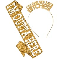 RhinestoneSash Divorce Party Gifts for Women - 2PC SET Sparkle I'm Outta Here Gold Glitter Sash and Gold Celebrate Me Headband - Retirement, Graduation Party Supplies Gold Set(Outta CBM)