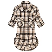 Alimens & Gentle Womens Flannel Plaid Shirt Long Sleeve Roll Up Button Down Casual Shirts