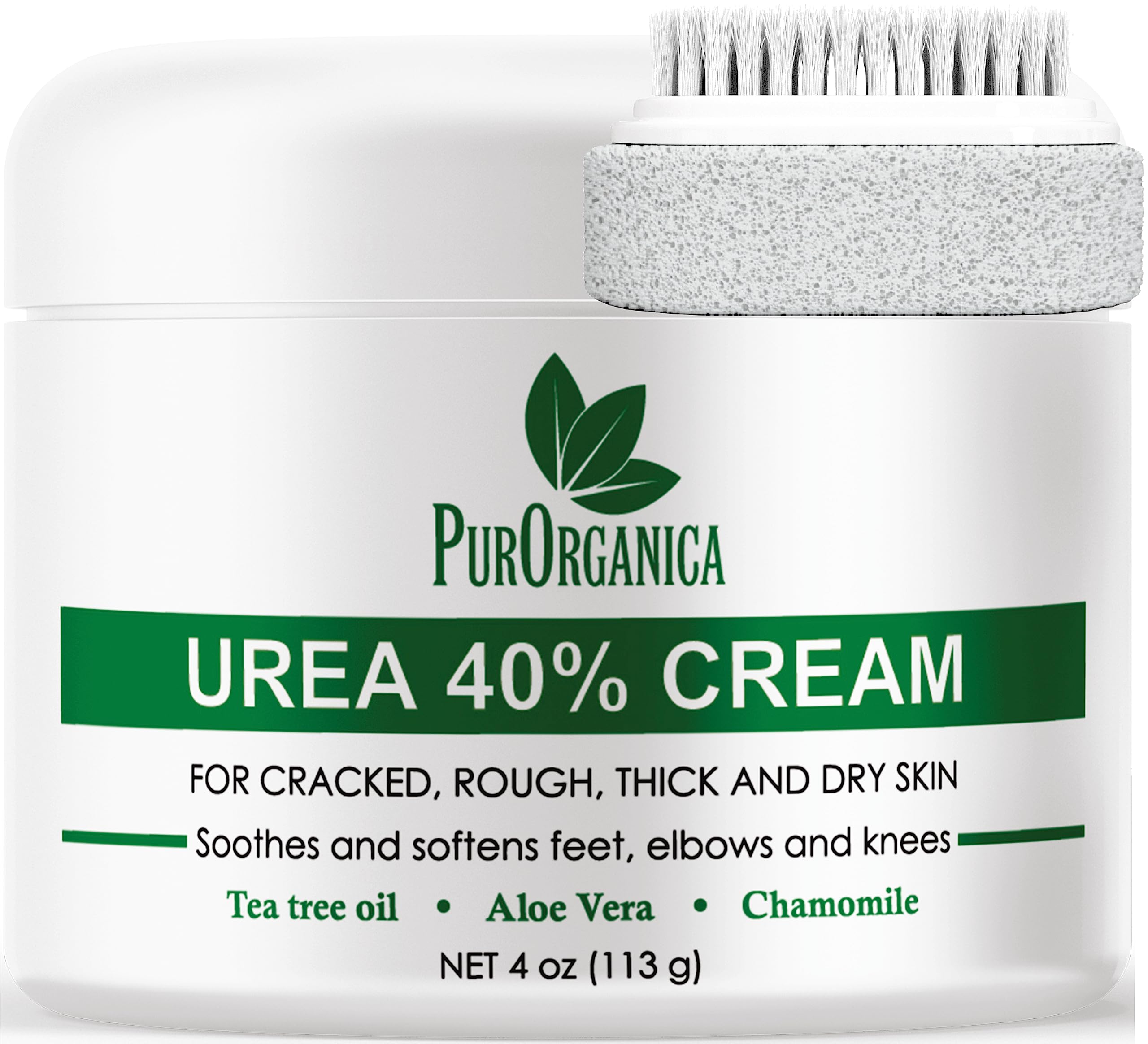 PurOrganica Urea 40% Foot Cream - With Pumice Stone and Brush - Callus Remover - Moisturizes & Rehydrates Thick, Cracked, Rough, Dead & Dry Skin - For Feet, Elbows and Hands - Made in USA