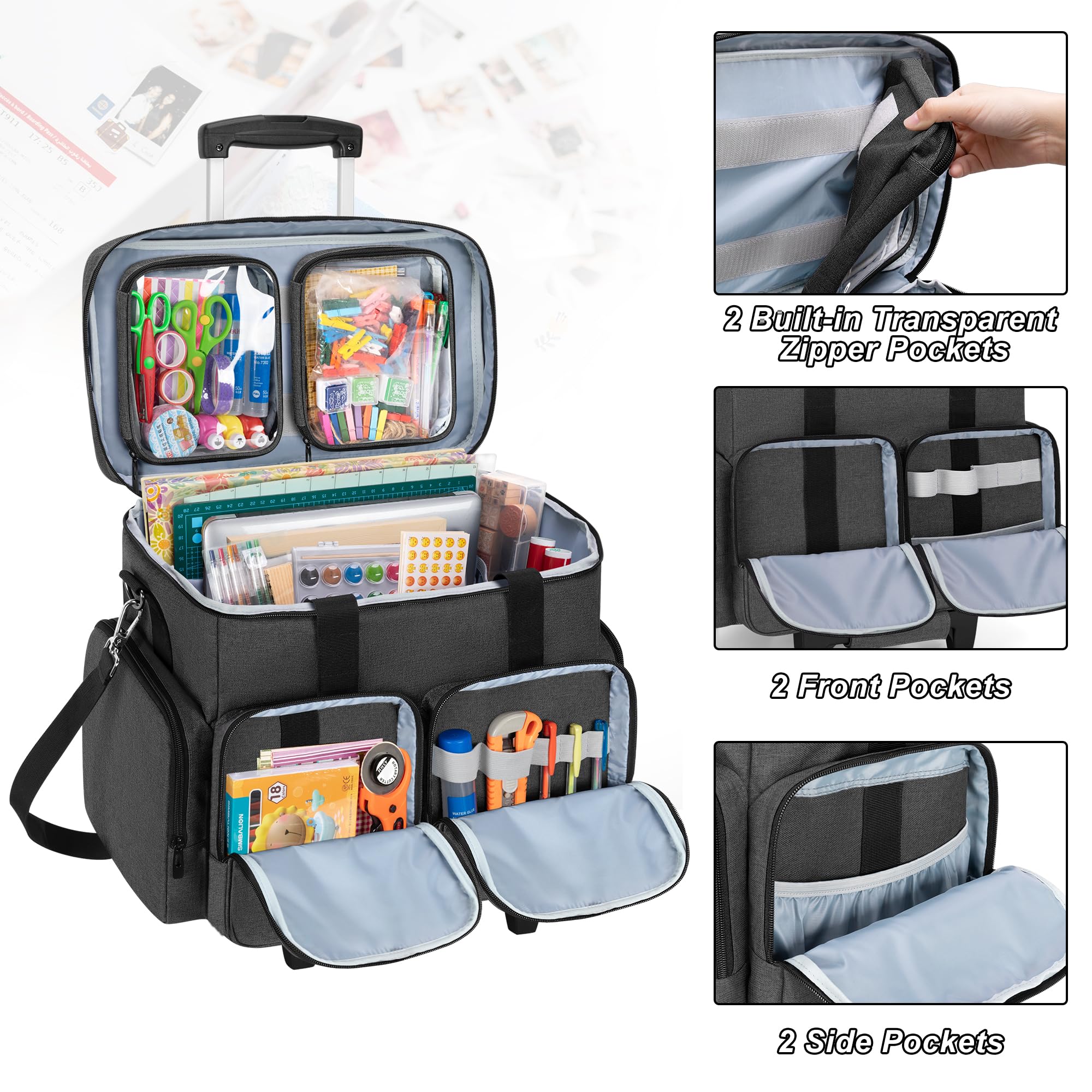 CURMIO Rolling Scrapbook Tote on Wheels, Scrapbook Storage Bag with Detachable Trolley and Bottom Wooden Board, Rolling Craft Bag for Scrapbooking Supplies, Black