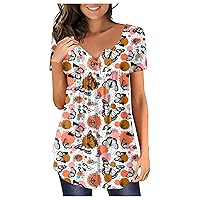 Womens Fashion Casual Tees Tops Printed Short Sleeve Shirts V Neck Loose Comfortable Pullover T Shirts Blouses