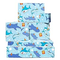 CENTRAL 23 Shark Wrapping Paper - 6 Sheets of Animal Gift Wrap - Party Sharks - Blue - Ocean Themed - For Kids Boys Girls - For Birthday or Baby Shower