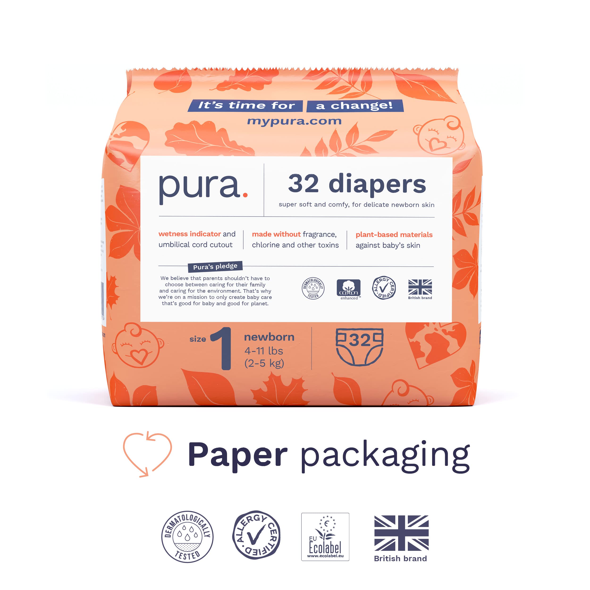 Pura Size 1 Eco-Friendly Diapers (4-11lbs) Hypoallergenic, Soft Organic Cotton Comfort, Sustainable, Wetness Indicator, Allergy UK Certified. Newborn 1 Pack of 32 Baby Diapers