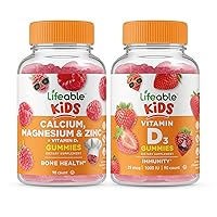 Lifeable Calcium Magnesium & Zinc Kids + Vitamin D Kids, Gummies Bundle - Great Tasting, Vitamin Supplement, Gluten Free, GMO Free, Chewable Gummy