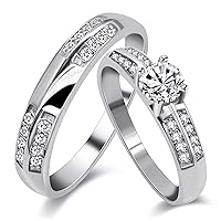 Uloveido 2 Pieces Wedding Engagement Couple Ring Set for Women and Men Valentine's Day Gift - Anniversary Promise Ring Set in Silver Color for Boyfriend and Girlfriend J511