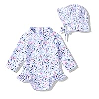 Infant Baby Girl Swimsuit One-Piece Long Sleeve Rash Guard with Hat Set Floral Zipper Bathing Suit Leopard Beach Wear