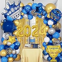 151Pcs Graduation Decorations Class of 2024, Graduation Blue and Gold Balloons Arch Garland Kit Light Strings Fringe Curtains Grad Foil Balloons for College High School Graduation Party Supplies