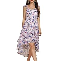 GRACE KARIN Women's Floral Dress 2024 Summer Sleeveless V Neck High Low Hem Tiered Ruffle Flowy Midi Sundresse