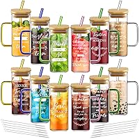 12 Pcs Thank You Glass Cups with Lids Straws 13.5 oz Iced Coffee Cups with Handle Bulk Drinking Square Glasses Travel Mug Decor Thank You Gifts for Employee Teacher Nurse (Team theme)