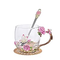 SUQ I OME Enamel Rose and Butterfly Flower Glass Tea Cup, Birthday Gifts For Women,Wife, Friend for Christmas, New Year, Valentines Wedding, Pink Rose,11oz