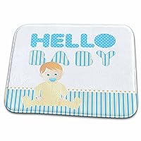 3dRose Baby boy sitting and hello baby message on blue and yellow... - Dish Drying Mats (ddm-156662-1)