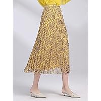 Women's Letter & Floral Print Pleated Skirt - Boho Style, Midi Length, Regular Fit (Color : Yellow, Size : Large)