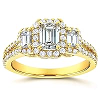 Kobelli Emerald Cut Diamond 3-Stone Halo Engagement Ring 1 1/5 CTW in 14k Yellow Gold