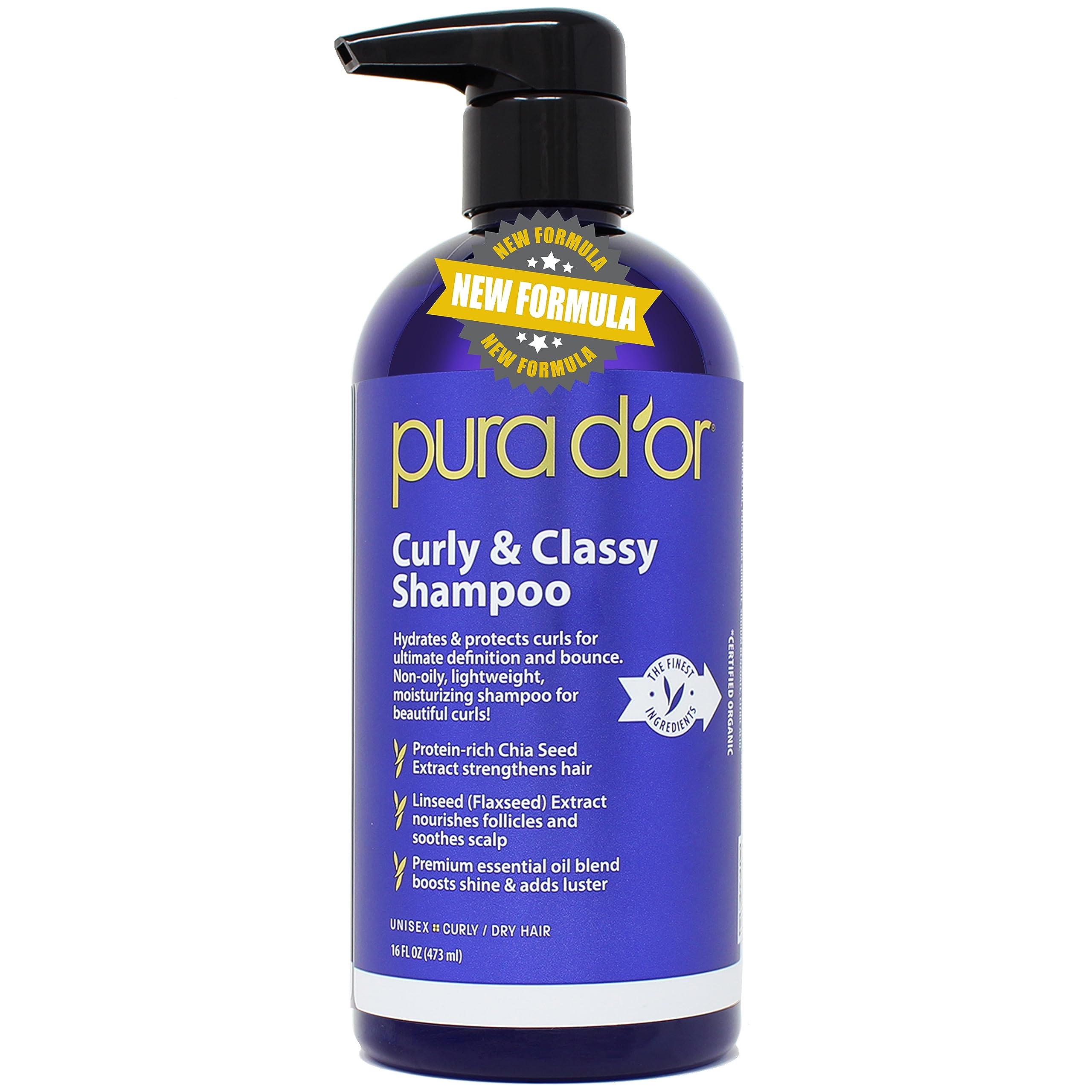 PURA D'OR Curly & Classy Shampoo (16oz) with Argan Oil, Castor Oil, Geranium Oil, and Bergamot Oil - Nourishing and Hydrating Formula for Luscious Curls