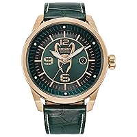 Citizen Eco-Drive Men's Marvel Villians Loki Rose Gold Stainless Steel Case Watch with Deep Green Crocodile Textured Leather Strap, 45mm (Model: AW1363-06W)
