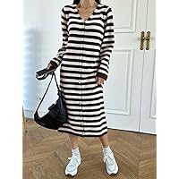 TLULY Sweater Dress for Women Striped Pattern Button Front Sweater Dress Sweater Dress for Women (Color : Coffee Brown, Size : Small)