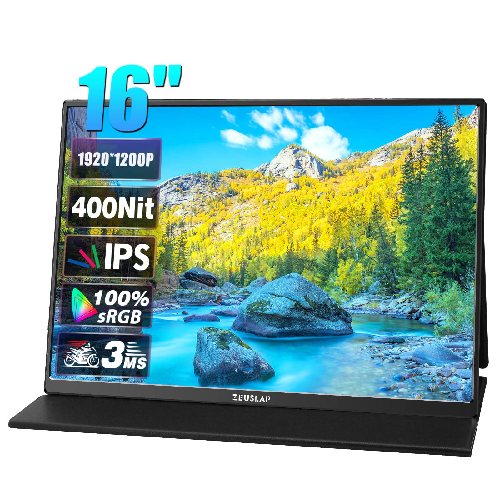 ZEUSLAP P16 16 Inch Portable Monitor, 1920 * 1200 60Hz 100% sRGB IPS Screen Computer Gaming Monitor for Laptop, Phone, Switch, Xbox, PS4/5 etc.