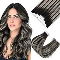 Sunny Hair Tape in Extensions Black Ombre Tape in Hair Extensions Human Hair Black Ombre to Silver Grey Balayage Tape in Extensions Human Hair Ombre Black Hair Extensions Tape in 12inch 10pcs