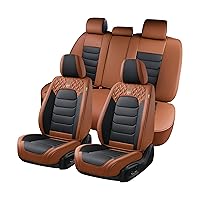 Seat Covers Full Set,Leather Seat Covers, Front and Rear Seat Covers 5 Seats, Waterproof Car Seat Cushion Protector Accessories for Sedan SUV Pick-up Truck(Brown&Black, Full Set)