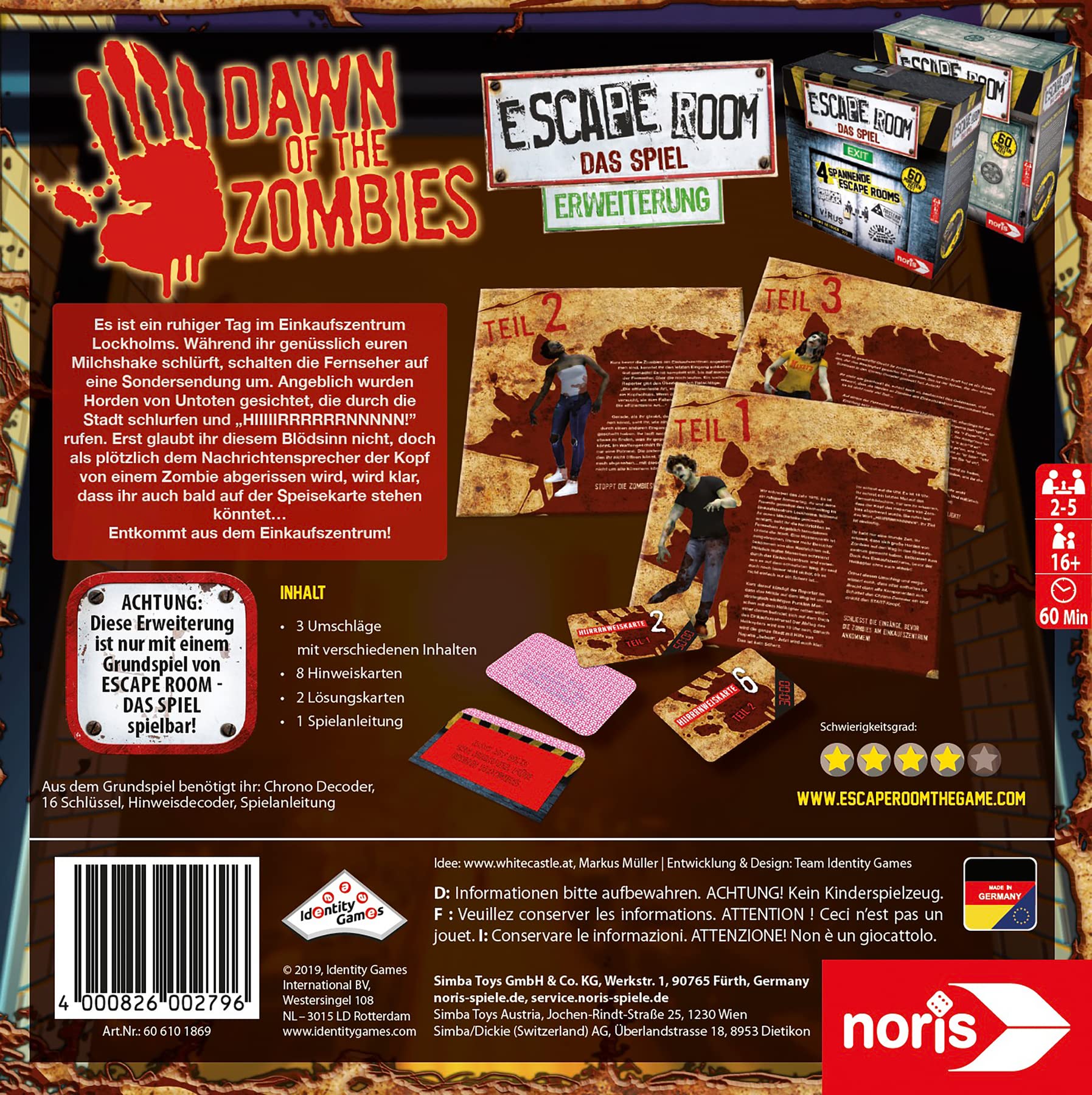 Noris 606101869 - Escape Room Expansion Dawn of The Zombies - Family and Board Game for Adults - Can Only be Played with The Chrono Decoder - from 16 Years