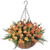 Artificial Hanging Flower in Basket for Home Courtyard Decoration, Artificial Silk Chrysanthemum and AFern Arrangement in 12 inch Coconut Lining Hanging Basket for Outdoors Indoors Decor(Orange)