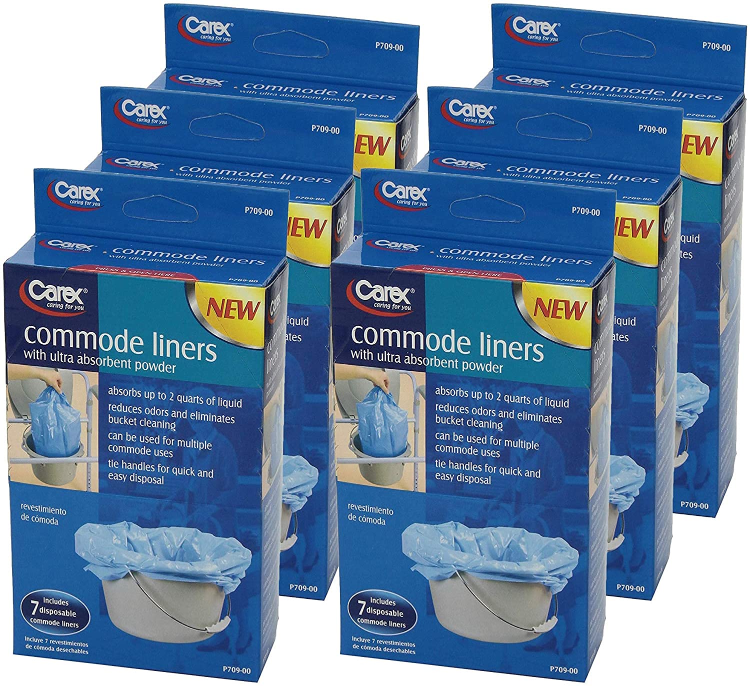 Carex Health Brands Commode Liners - 42 Toilet Liners(6 Boxes of 7 Count) - Fits Most Commodes, With Absorbent Powder, Holds 2 Quarts Liquid, Disposable