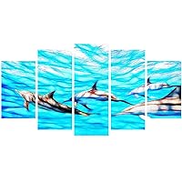 PT2403-373 Family of Dolphins-Ocean Art on Canvas, 60x32-5 Panels Diamond Shape