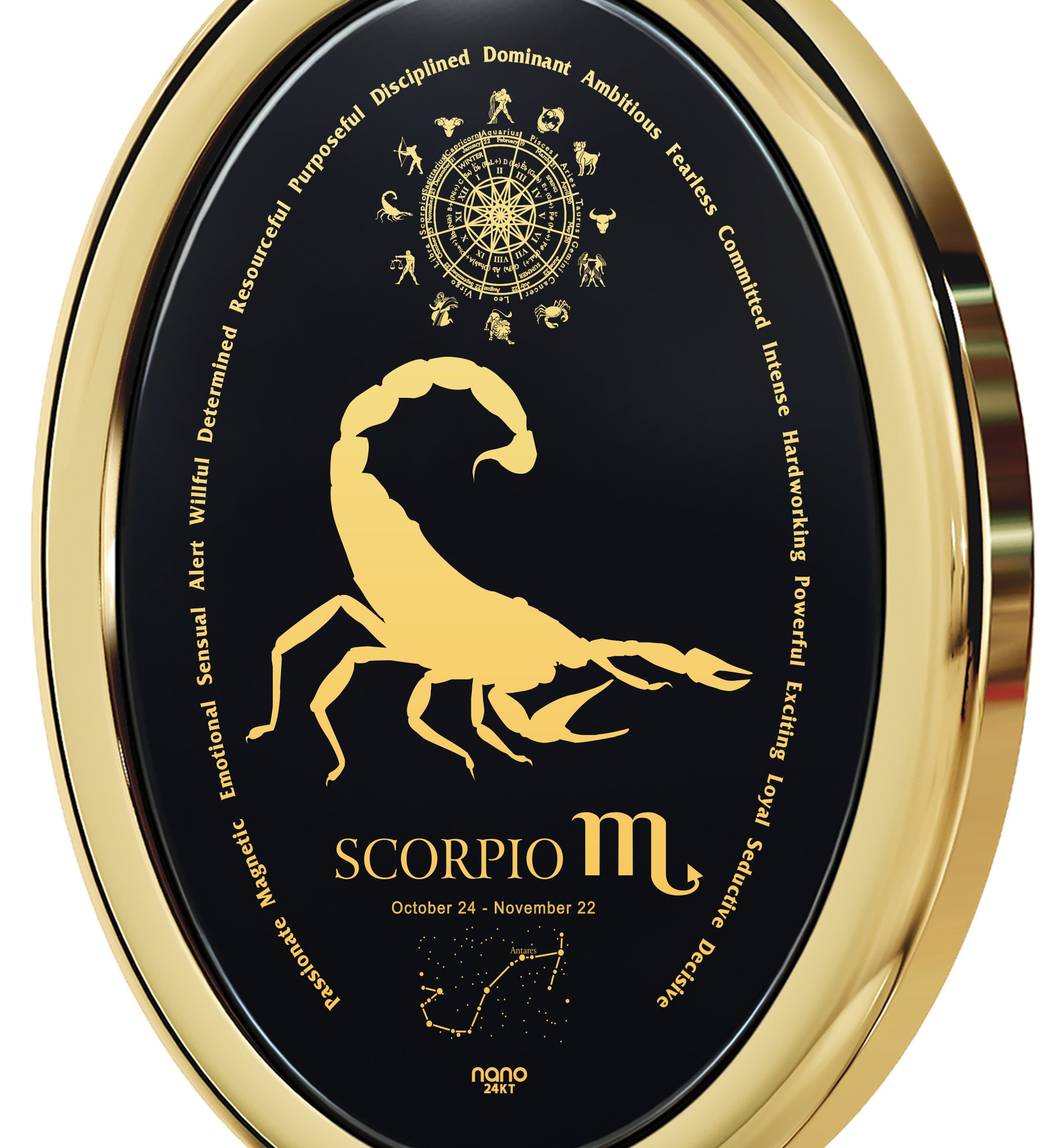 Scorpio Necklace Zodiac Pendant for Birthdays 24th October - 22nd November September May Star Sign and Personality Characteristics Pure Gold Inscribed in Miniature Details on Onyx, 18