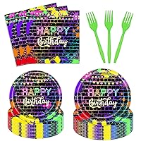 96 Pcs Glow Birthday Party Paper Plates Napkins Supplies Set Neon Glow in The Dark Disposable Tableware Decorations Glow Crazy Birthday Party Favors for 24 Guests