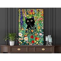 Black Cat In Flowers Garden Painting, Vintage Cat Print, Cat Canvas Print, Animal Poster Print, Animal Wall Art, Cat Lover's Gift, Animal Poster Print, Animal Wall Art, Cat Lover's Gift, Aesthetic Room Decor, Decorative Animal Art for Wall