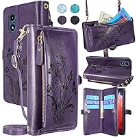 Lacass for Motorola Moto G Play 4G 2024 Case Wallet, [Cards Theft Scan Protection] Card Holder Zipper Leather Flip Cover Crossbody Wrist Strap with Stand(Floral Dark Purple)