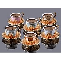 LaModaHome Espresso Coffee Cups with Saucers Set of 6, Porcelain Turkish Arabic Greek Coffee Cup and Saucer, Coffee Cup for Women, Men, Adults, New Home Wedding Gifts - Gold/Mixed Color