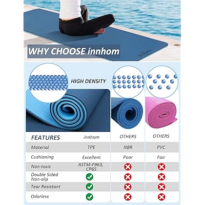 Yoga Mat innhom Yoga Mats for Women 1/3 inch Thick Yoga Mat for Men Exercise Mat Workout Mat for Yoga Pilates Home Gym Yoga Mat Non Slip with Carrying Strap