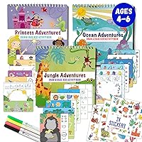 Kids Travel Educational Activity Books with Washable Markers - Car and Airplane Activities, Learning Toys for Toddlers- Reusable Stickers for Ages 4, 5, 6 (Jungle, Ocean & Princess)