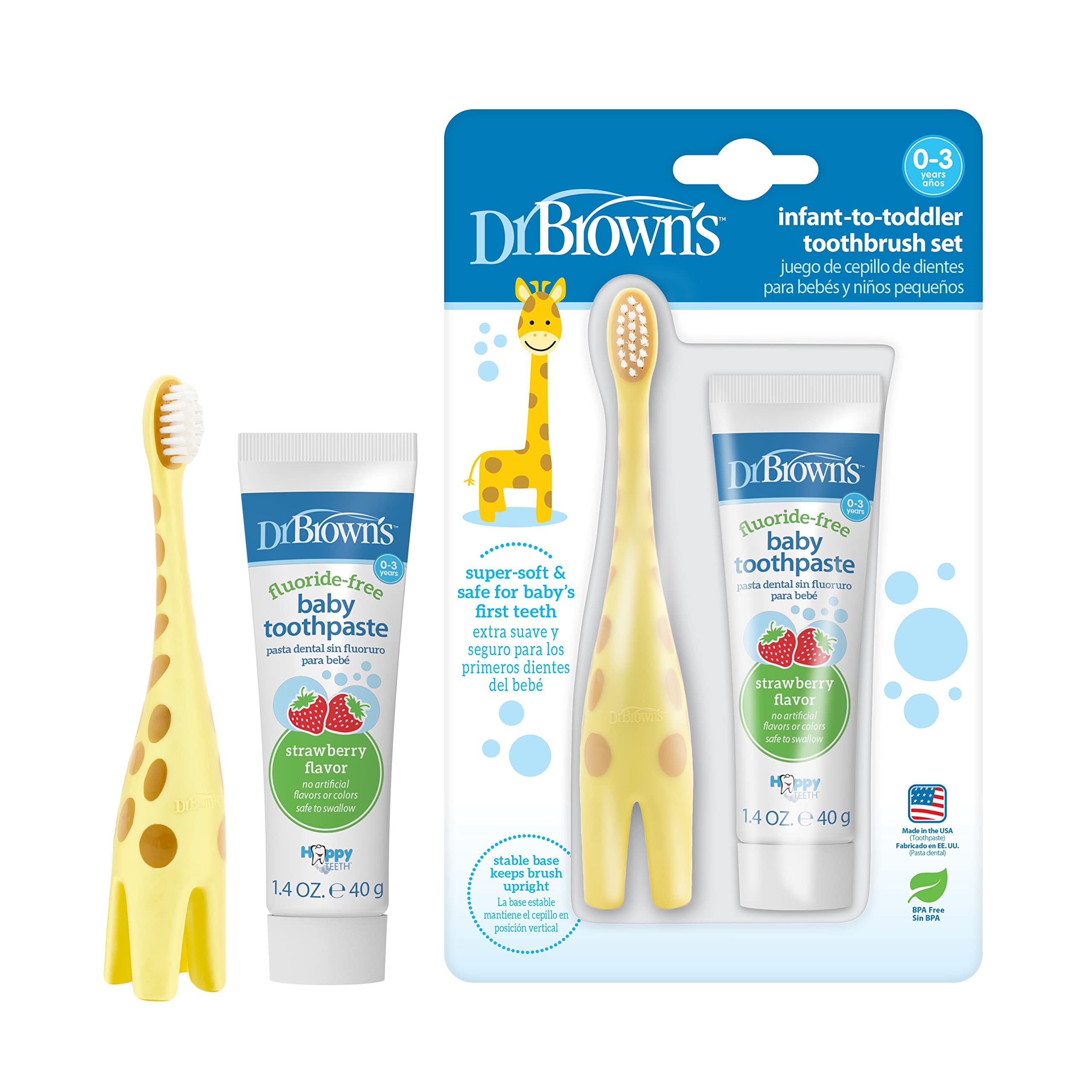 Dr. Brown’s Infant-to-Toddler Training Toothbrush Set with Fluoride-Free Baby Toothpaste, Strawberry - Giraffe - 1.4oz - 0-3 years
