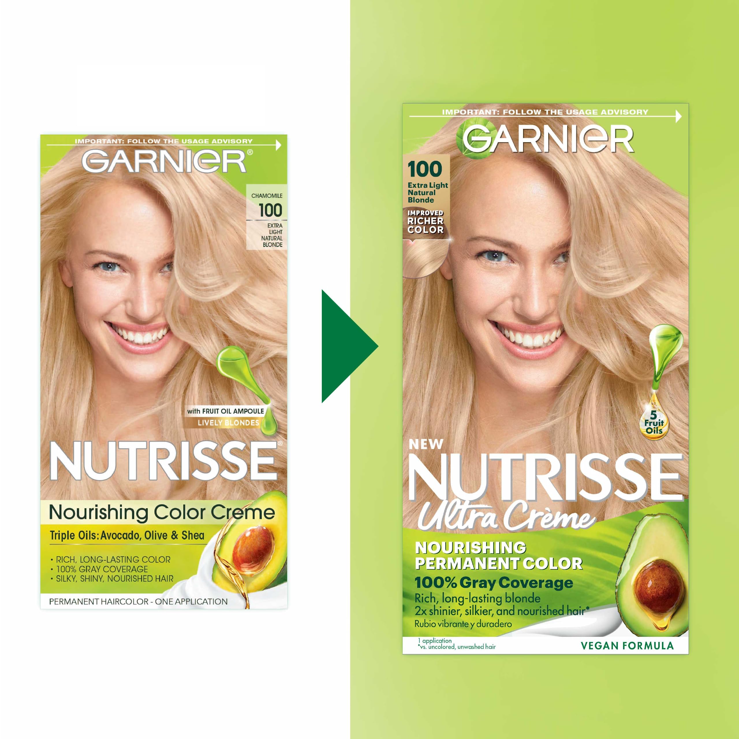 Garnier Hair Color Nutrisse Nourishing Creme, 100 Extra-Light Natural Blonde (Chamomile) Permanent Hair Dye, 2 Count (Packaging May Vary)