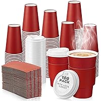 100 Set Disposable Coffee Cups with Lids and Sleeves Set Insulated Paper Coffee Cups Disposable Paper Cups for Hot Chocolate Coffee Tea Cafes Travel Supplies(Red, 16 oz)