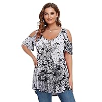 LARACE Cold Shoulder Tops for Women Plus Size V Neck T Shirts Short Sleeve Summer Clothes Button Up Tunic