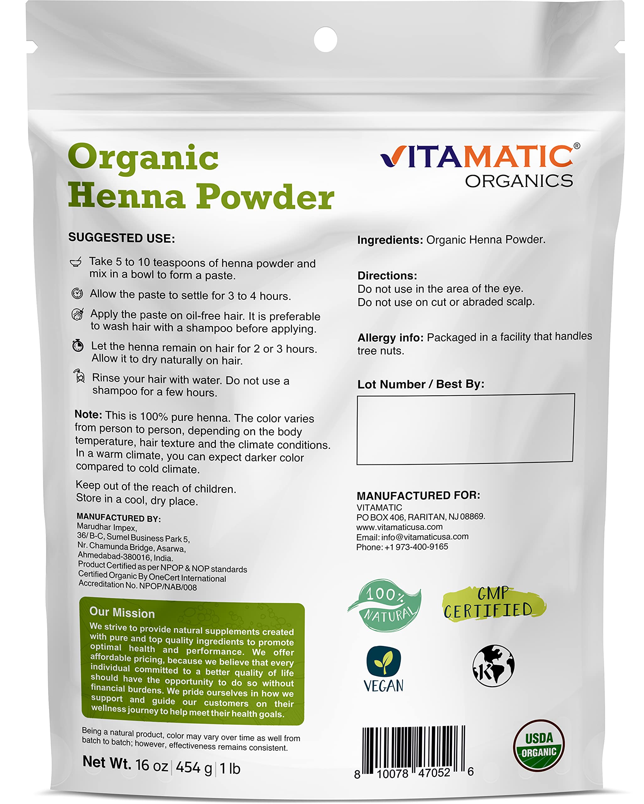 Vitamatic Certified USDA Organic Henna Powder 1 Pound (16 Ounce)
