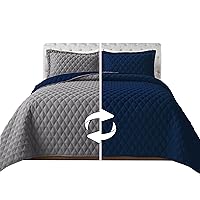 Elegant Comfort 3-Piece Quilted Reversible Bedspread Coverlet Set with Pillow Shams, Exquisite Diamond Stitching All Season Heavy Weight - Ultra Soft Premium Quilt- Twin, Navy/Gray