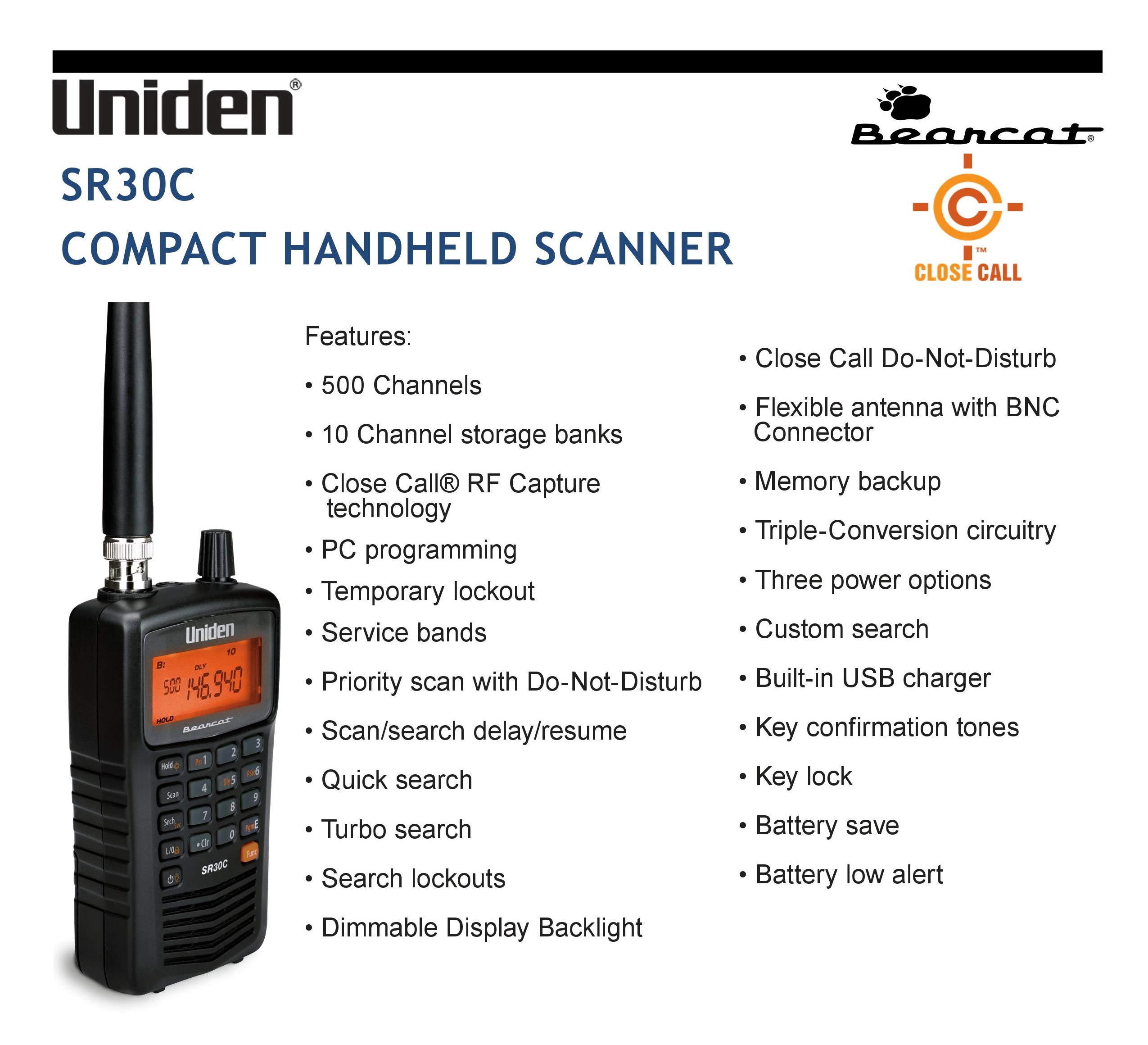 Uniden Bearcat SR30C, 500-Channel Compact Handheld Scanner, Close Call RF Capture, Turbo Search, PC programable, NASCAR, Racing, Aviation, Marine, Railroad, and Non-Digital Police, Fire, Public Safety