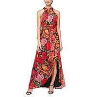 S.L. Fashions Women's Sleeveless Tulip Cutaway Ruffle Front Skirt Maxi Dress with Halter Neck