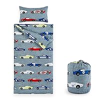 Wake In Cloud - Sleeping Bag Zippered, Nap Mat with Matching Pillow for Kids Boys Girls Sleepover Overnight Travel Slumber Bag, Sports Race Cars Supercars on Gray Grey, 100% Soft Microfiber