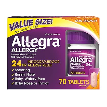 Allegra Adult 24HR Non-Drowsy Antihistamine, 70 Tablets, Fast-acting Allergy Symptom Relief, 180 mg