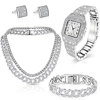 5 Pcs Hip Hop Jewelry Set with Miami Cuban Link Chain Necklace Bracelet Bling Crystal Diamond Watch Rhinestone Earrings