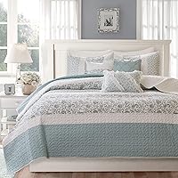 Madison Park 100% Cotton Quilt Set Floral Print, Double Sided Stitching, All Season, Lightweight Coverlet Shabby Chic Bedding Layer, Matching Shams, Full/Queen, Light Teal 6 Piece,Aqua