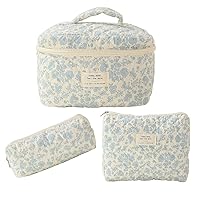 3Pcs Cotton Quilted Makeup Bag Large Travel Cosmetic Bag Coquette Makeup Pouch Cute Aesthetic Floral Toiletry Bag for Women Girls