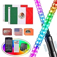 2PCS 4FT Whip Lights for UTV ATV with Spring Base, Tripled Brighter Led Whip Light W/Rocker Switch & 6 Flags(Includes Mexican Flags), Spiral Chasing Lighted Antenna Whip with APP & Remote Contro