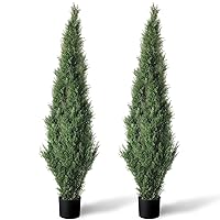 Set of 2 Pre-Potted 5 Feet Faux Cedar Tree, Lifelike UV Protected Front Door Decor, Porch, Garden, Entryway Topiary, Indoor/Outdoor Use - Ready to Display